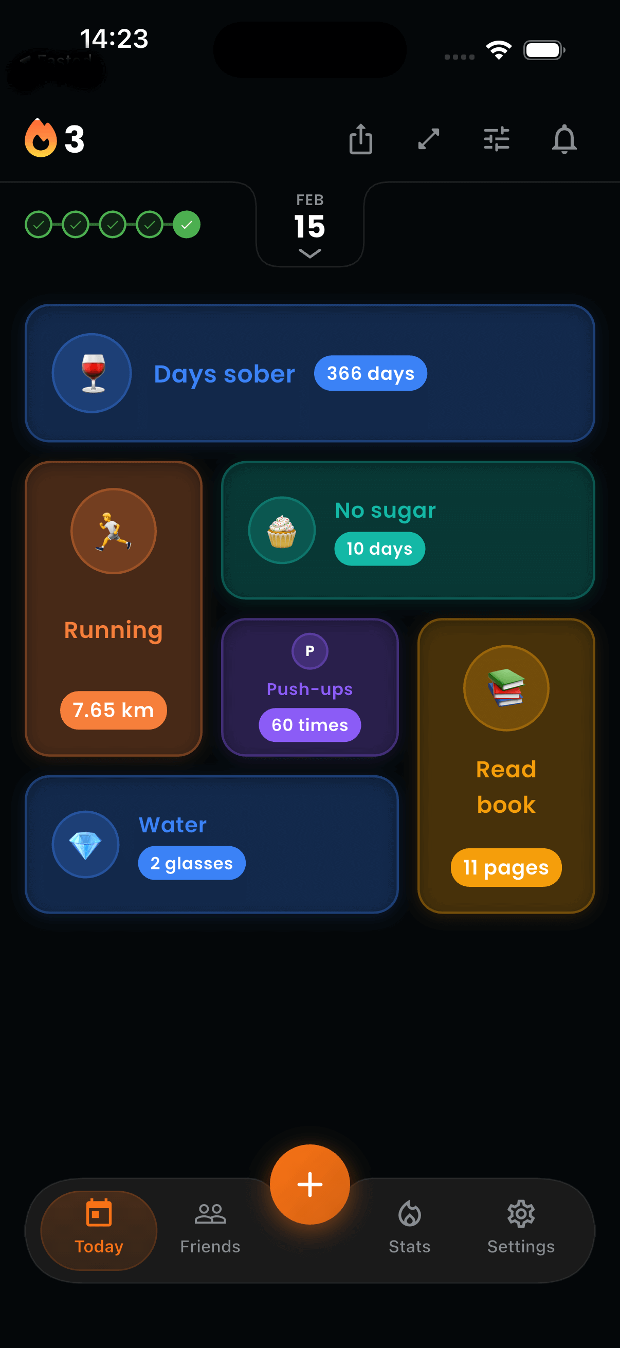 Aura app home screen showing habit tracking with sobriety counter, running, reading, and more