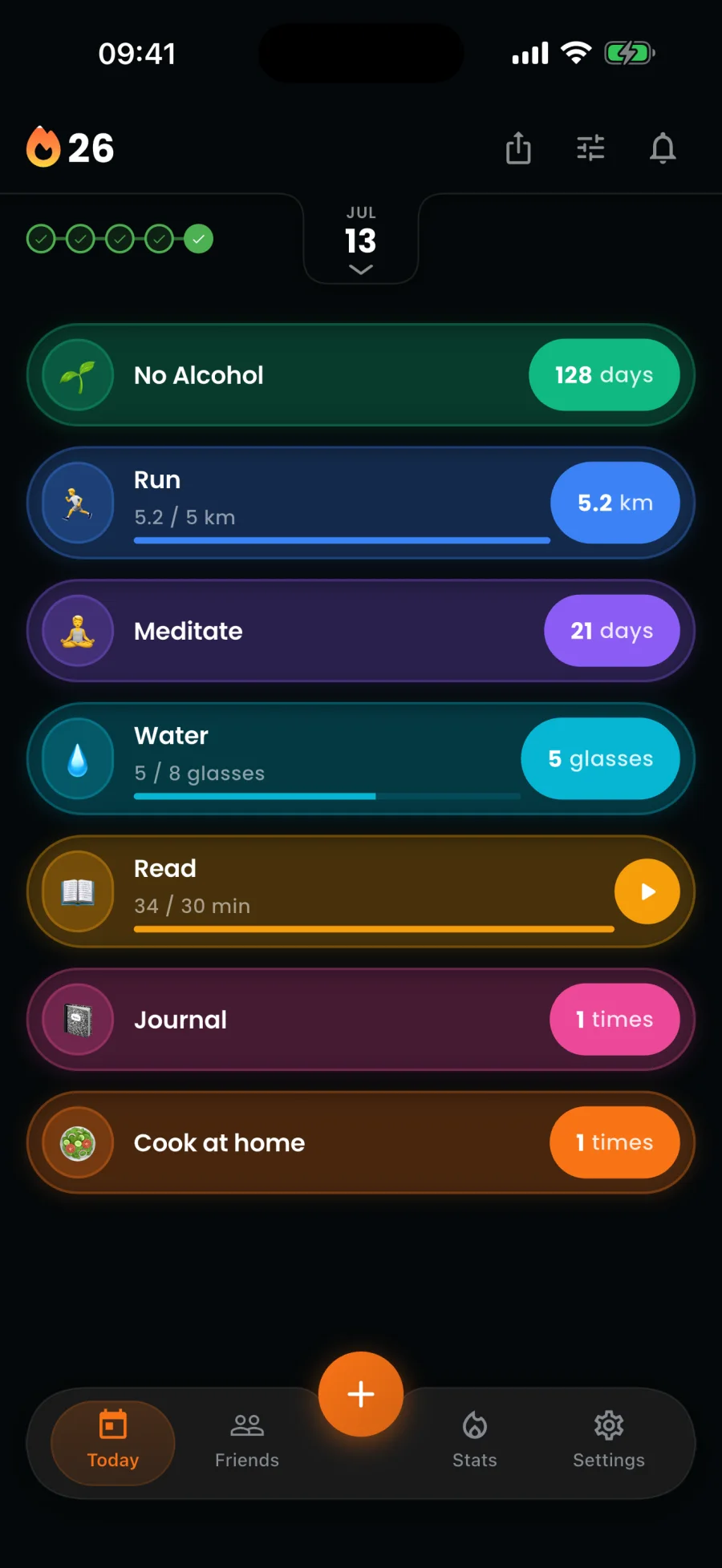 Aura app home screen showing a 26 day streak with No Alcohol, Run, Meditate, Water, Read, Journal and Cook at home logged for the day