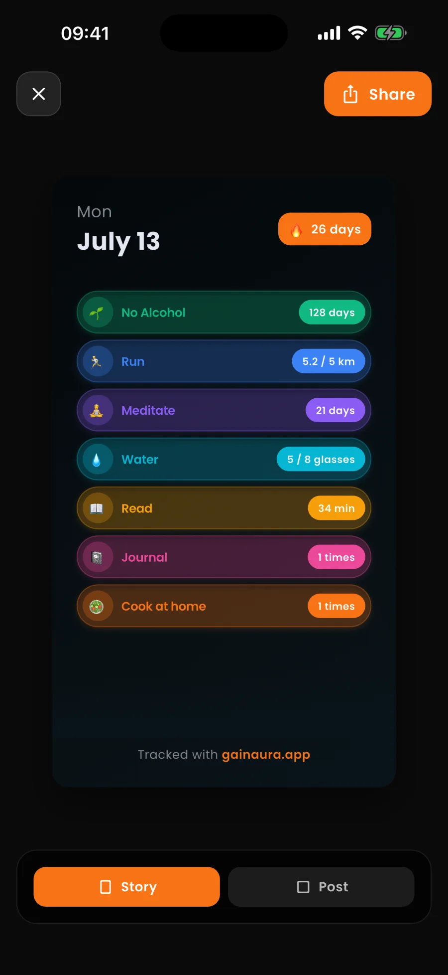 Aura share screen with a story-ready daily progress card